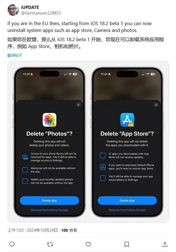 德宏苹果手机维修分享iOS 18.2 支持删除 App Store 应用商店 