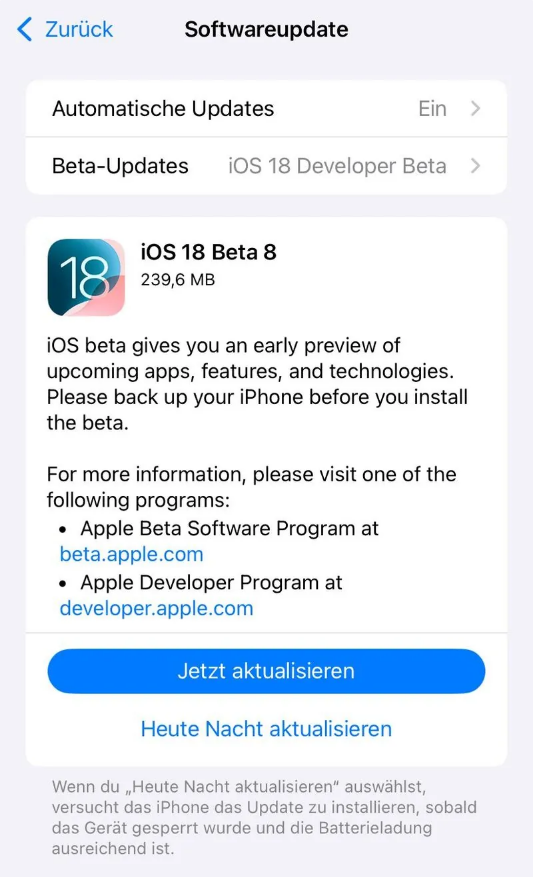 德宏苹果手机维修分享苹果 iOS / iPadOS 18 开发者预览版 Beta 8 发布 